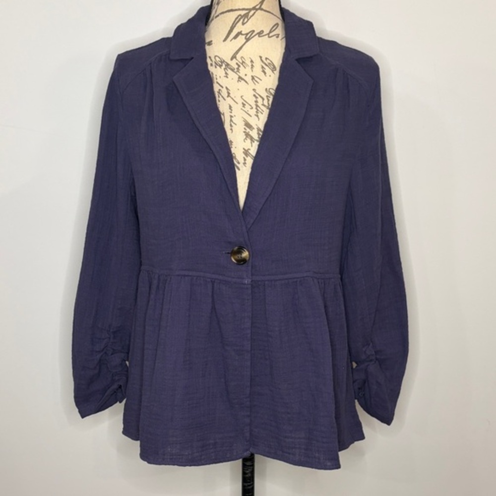 NWT Doe & Rae cotton gauze one button jacket ruched sleeve notch collar navy S